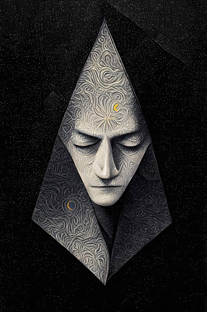 Contemplative portrait of a serene figure enclosed in a triangular frame, detailed with symbolic patterns under a stardust sky.