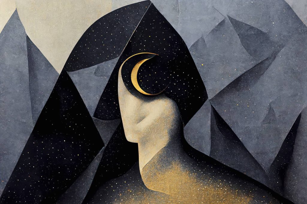Silhouette of an introspective figure with a crescent moon, set against a backdrop of geometric abstraction and a sprinkling of stars.