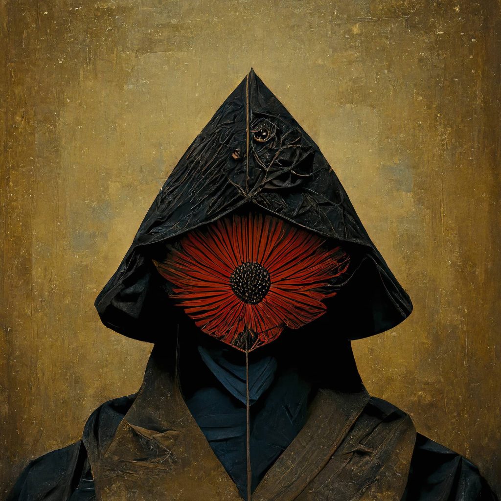 Hooded character with a prominent red flower covering the face, against a textured golden background, evoking a thoughtful stillness.