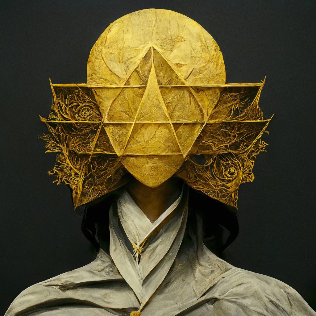 Gold-masked figure radiating a quiet, introspective aura, with subtle hints of celestial patterns in the composition.
