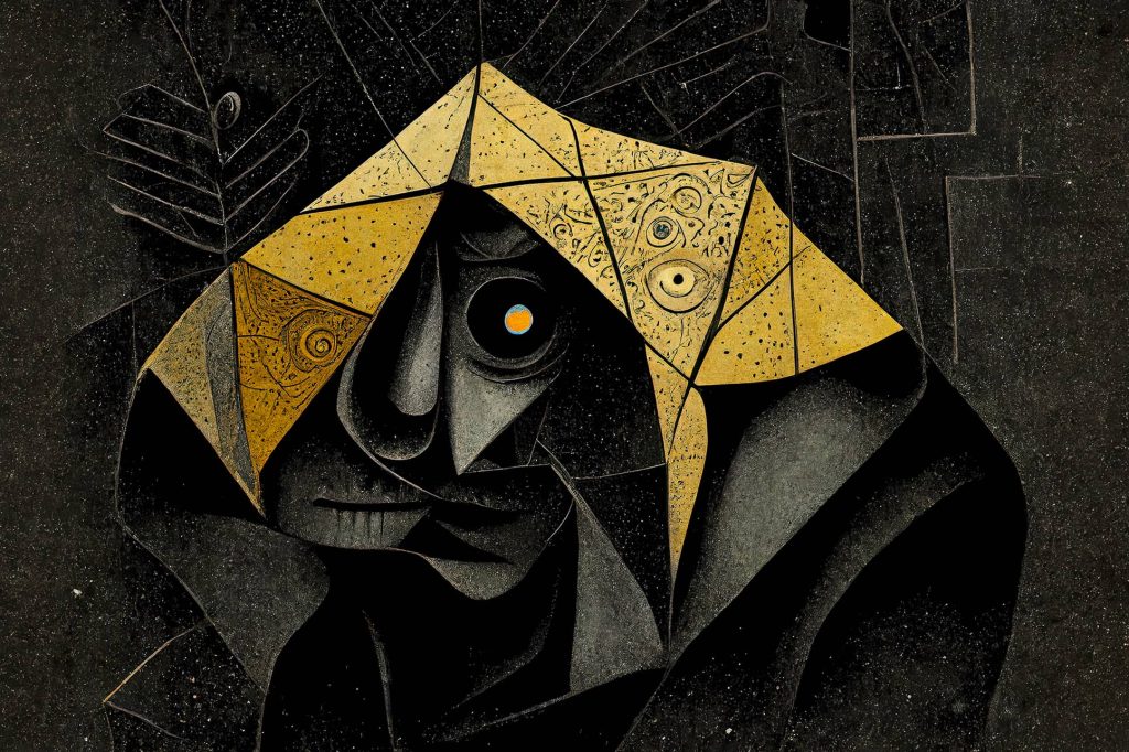 Abstract portrait of a figure in a golden hood with a luminous eye, surrounded by ornate details, conveying a thoughtful mystique.