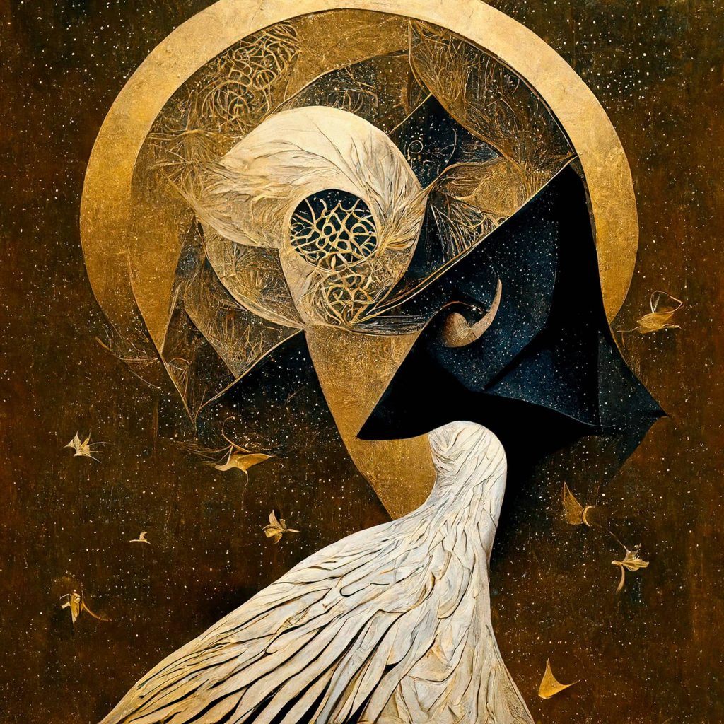 Abstract Angel II, a stunning example of celestial surrealism art, featuring intricate angelic forms and cosmic patterns that evoke a sense of the divine, all masterfully printed on high-quality Hahnemühle William Turner paper.