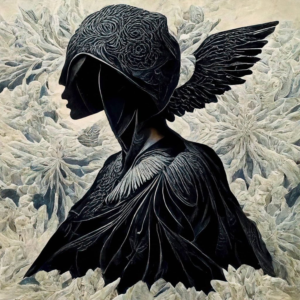 Abstract Angel IV artwork—Gothic Angelic Surrealism with a serene, powerful angelic form on a 50x50 cm Hahnemühle canvas.