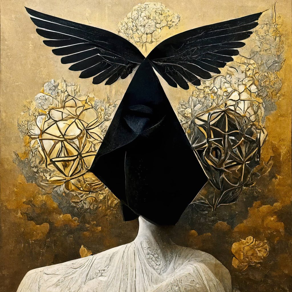 Abstract Angel XV - A 50x50 cm one-of-a-kind artwork on Hahnemühle William Turner paper, displaying a harmonious blend of geometric shapes and angelic motifs, symbolizing a veiled journey through mystical realms