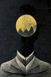 Surreal Abstract Portrait of a man with a moon in his head on Hahnemühle William Turner paper.