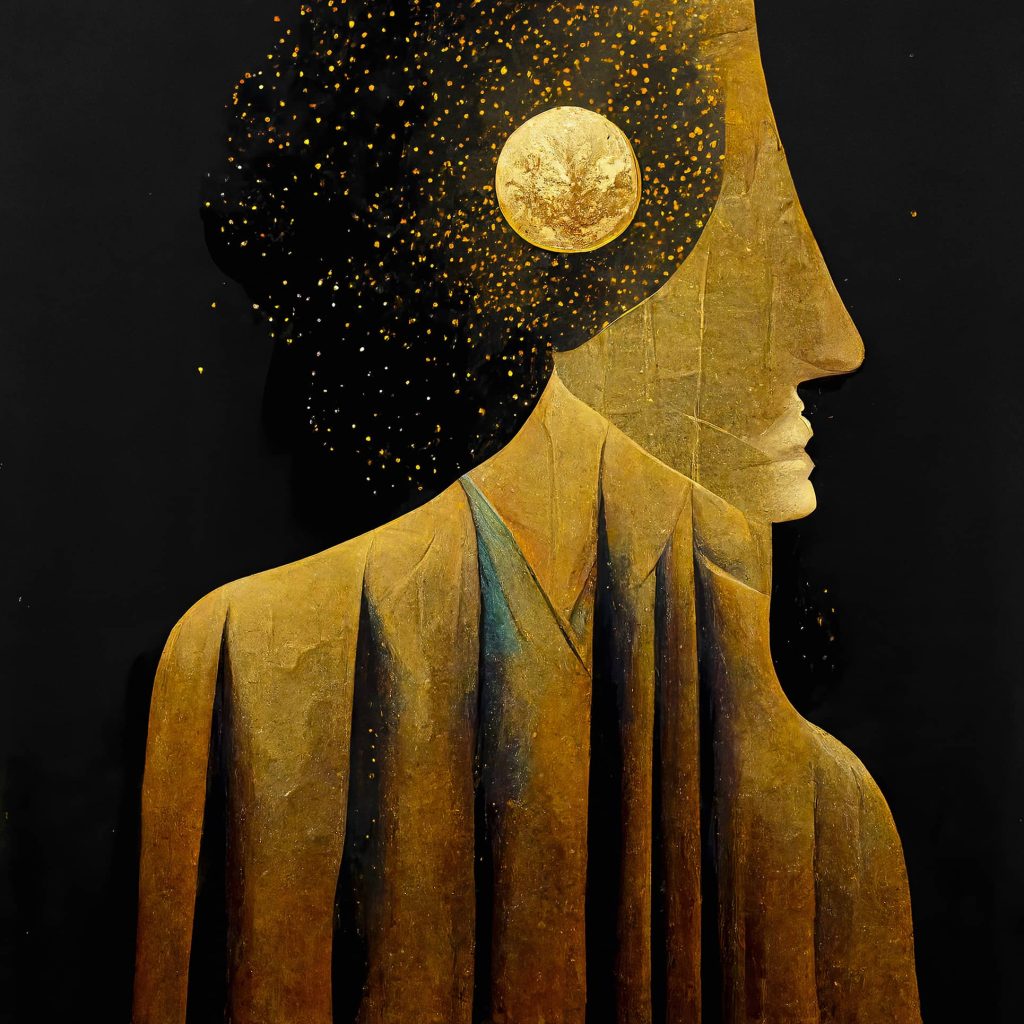 Golden digital art masterpiece 'Great Expectations VII' displays a figure in gold set against a dark, star-filled sky, encapsulating cosmic elegance on a 50x50 cm canvas.