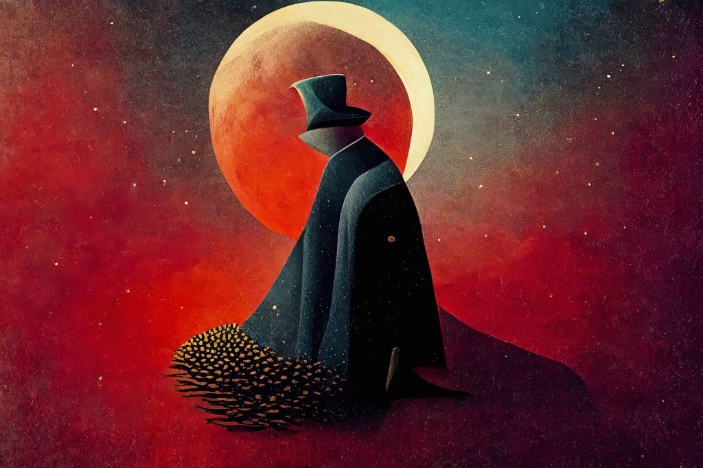 Great Expectations X' features a man in a top hat set against a starry scene, captured in a 60x40 cm abstract art piece on durable Hahnemühle paper.