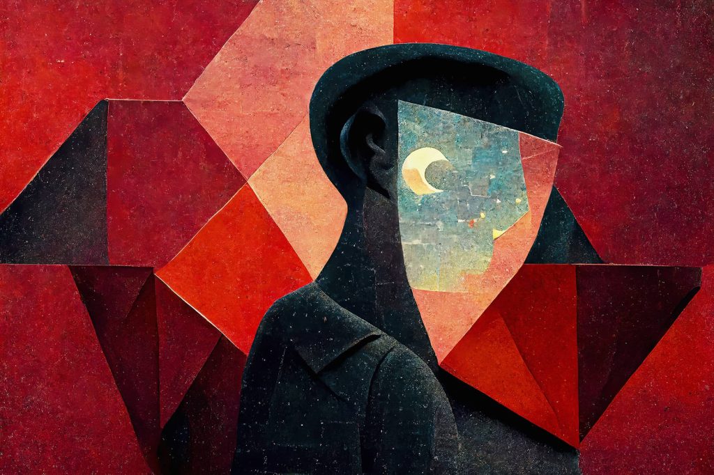 'Great Expectations XIV' - a captivating portrayal of cubist abstract art and moonlit mystery on a Hahnemühle canvas.