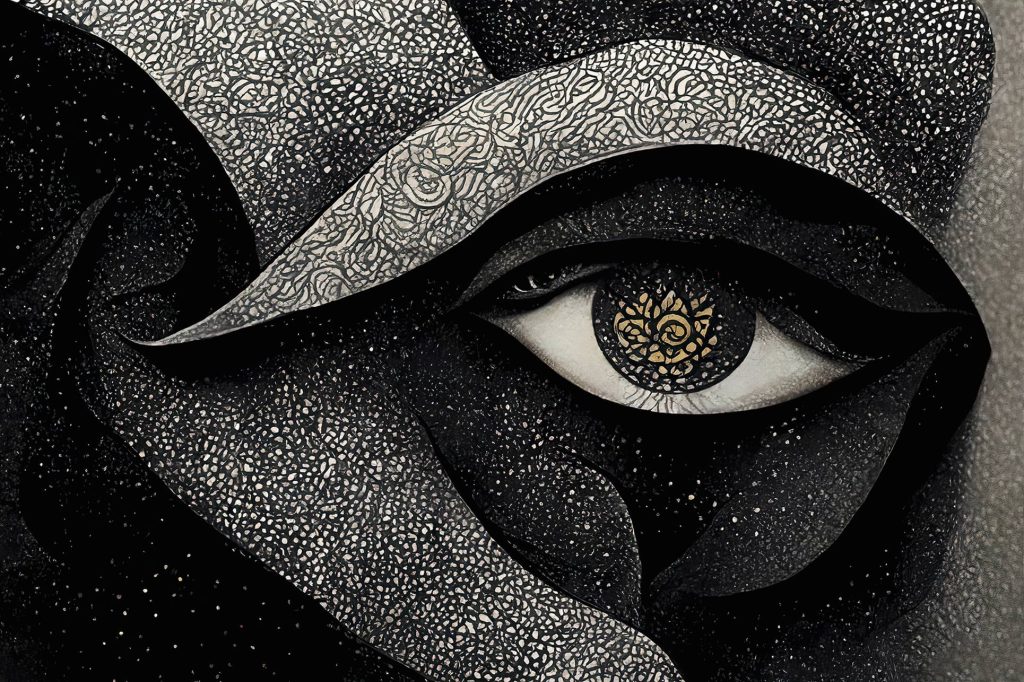 Liquid Honesty II artwork depicting an intricate eye symbolizing the clarity of truth, with detailed patterns on Hahnemühle William Turner paper