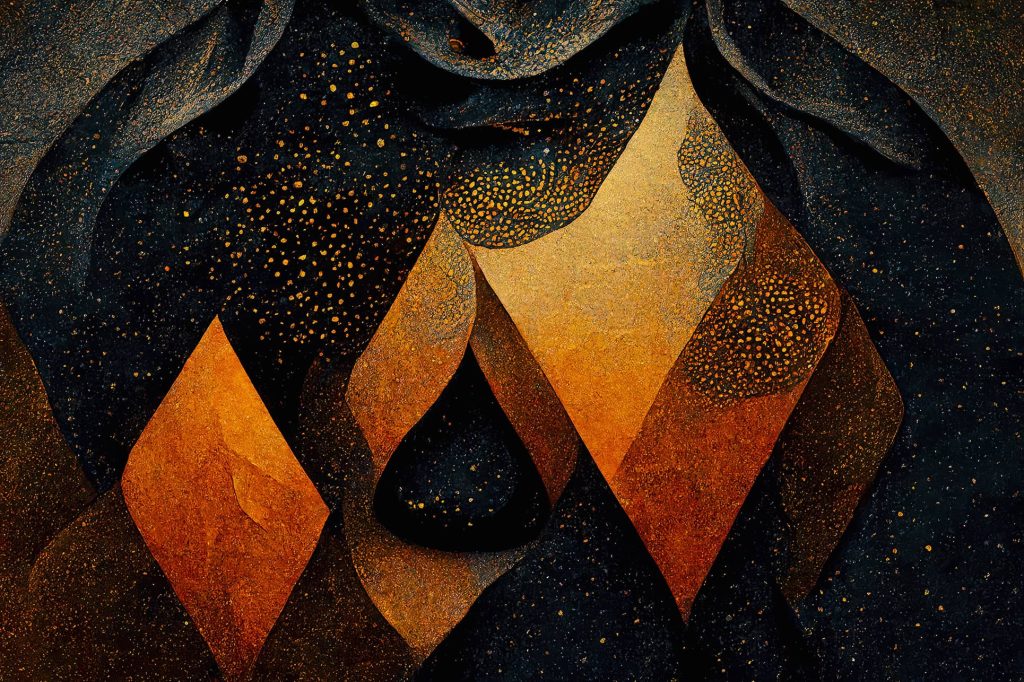 Liquid Honesty VI - an abstract artwork featuring golden geometric shapes against a speckled black background, symbolizing the vast and varied dimensions of truth.