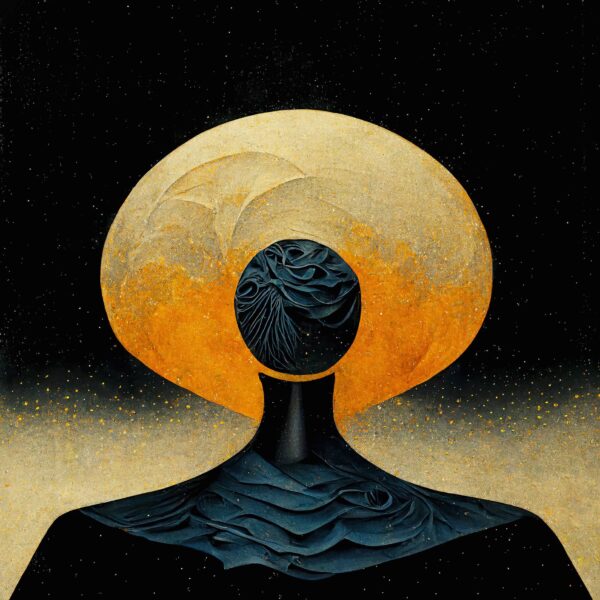 Abstract figure with a golden halo in 'Liquid Honesty XIII: Intrinsic Aura Within,' encapsulating 'Intrinsic Aura' and 'Subtle Essence' against a dual-toned backdrop.